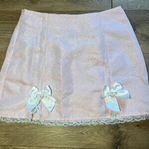 Cute Women's  coquette pink bow lace mini skirt zip up